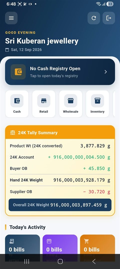 JewelAxis mobile app — dashboard showing cash registry status and 24K tally summary