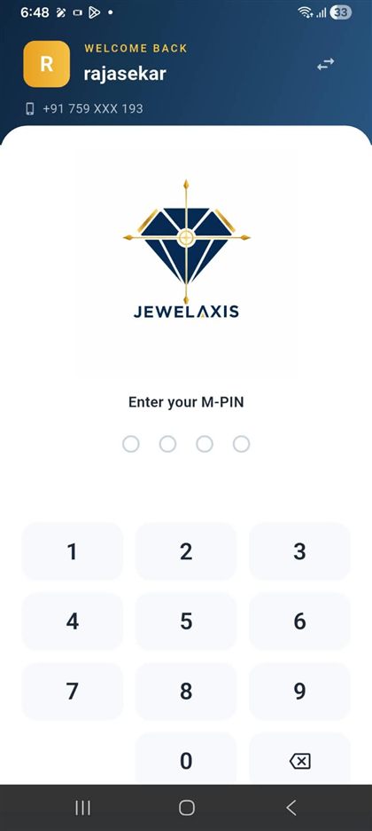 JewelAxis mobile app secure M-PIN login screen